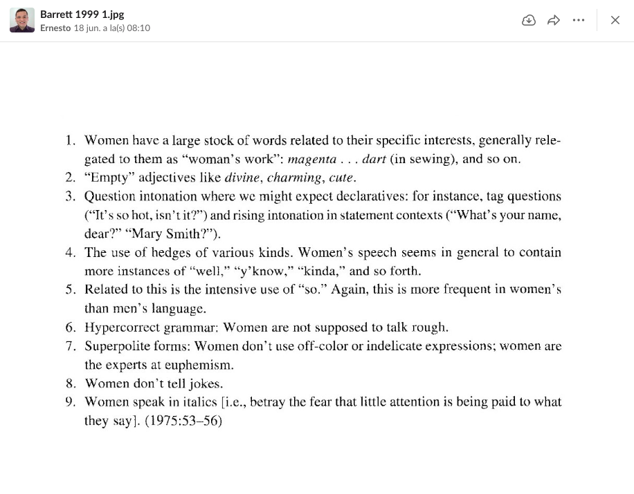 Imagen de texto de Barret con supuestos rasgos de las mujeres a partir de Lakoff