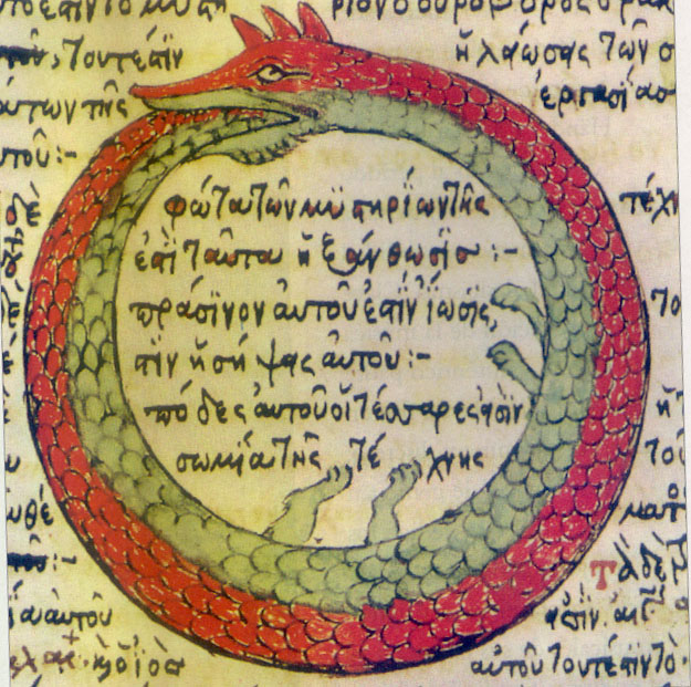 Imagen de Uróboro - serpiente que se muerde la cola a sí misma. Detalle de una miniatura de la edad media.