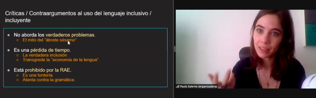 Paula expone diapositiva críticas o contrarmentos al lenguaje inclusivo